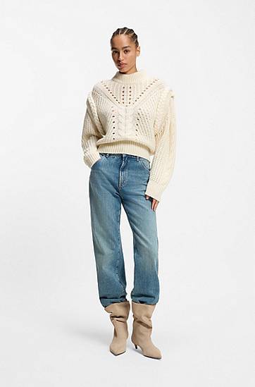 Sweater BOSS Structured Cable and Openwork Knit Mock Neck Sweater with Alpaca and Virgin Wool Vit | 50548951, 1