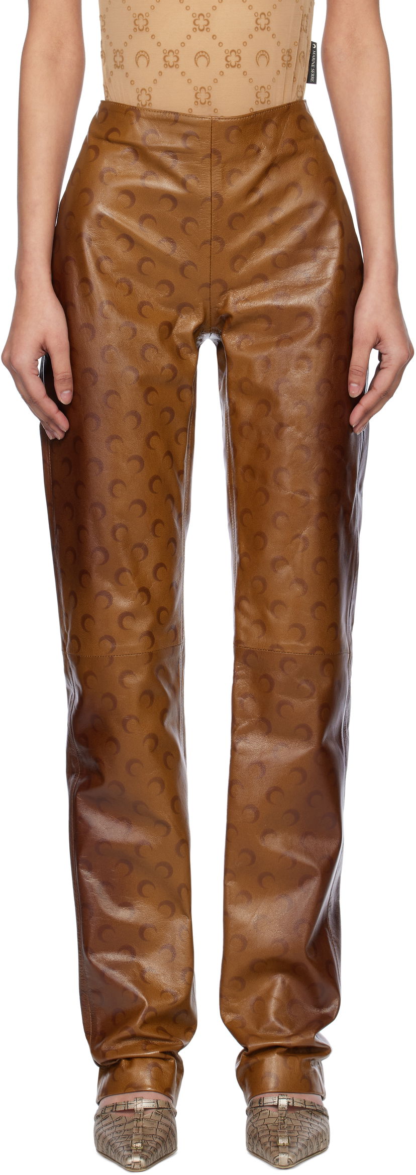 Byxor Marine Serre Marine Serre Moon Airbrushed Leather Pants Brun | WPA153A CLEA0050