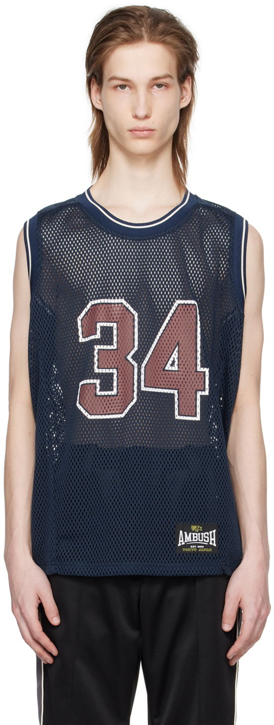 Linne Ambush AMBUSH Mesh Tank Top with 34 Print Mörkblå | BMAD003S24JER0014528