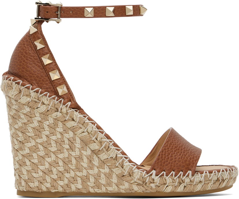 Skovård Valentino Valentino Garavani Double Rockstud Grainy Calfskin Wedge Espadrilles Brun | 6W2S0090FEQ