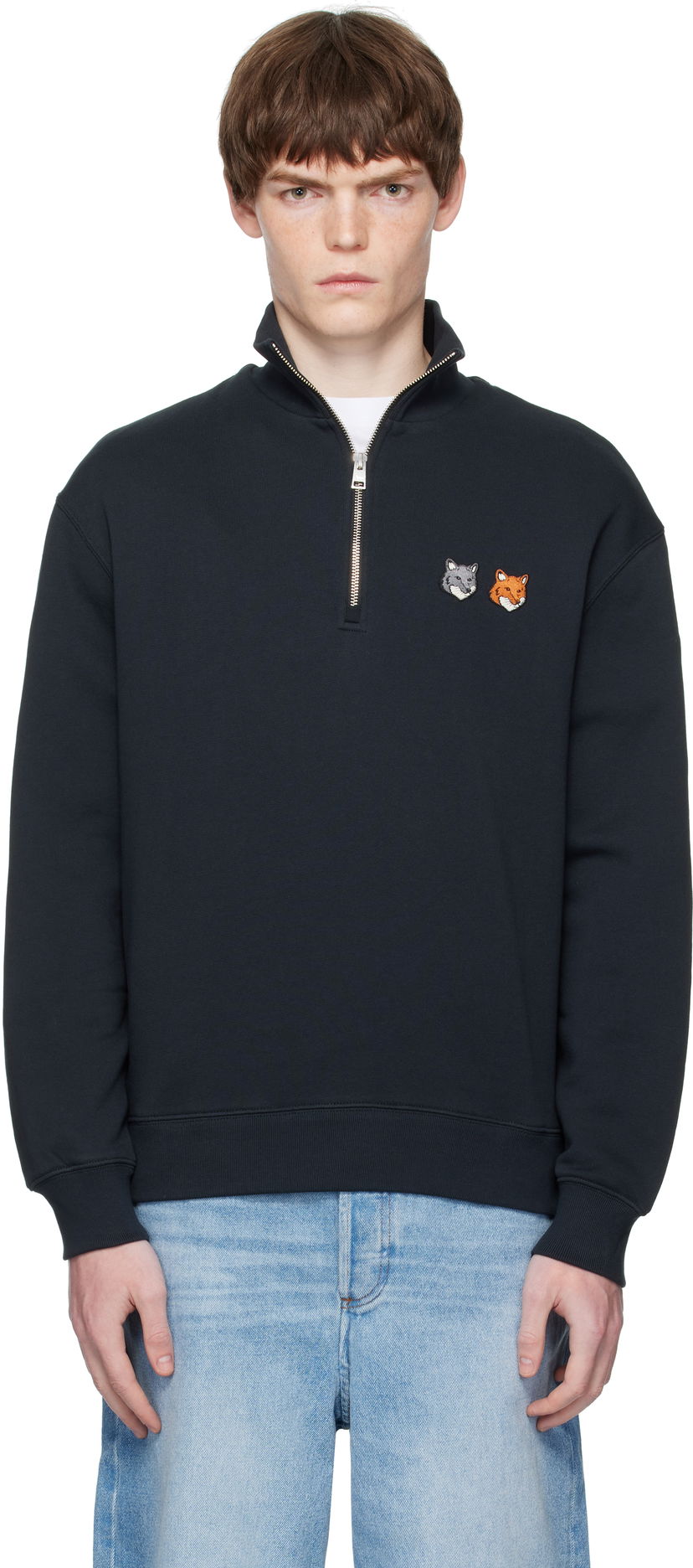 Sweatshirt MAISON KITSUNÉ Maison Kitsuné Double Fox Head Half-Zip Sweatshirt Svart | OM211CFKM0321