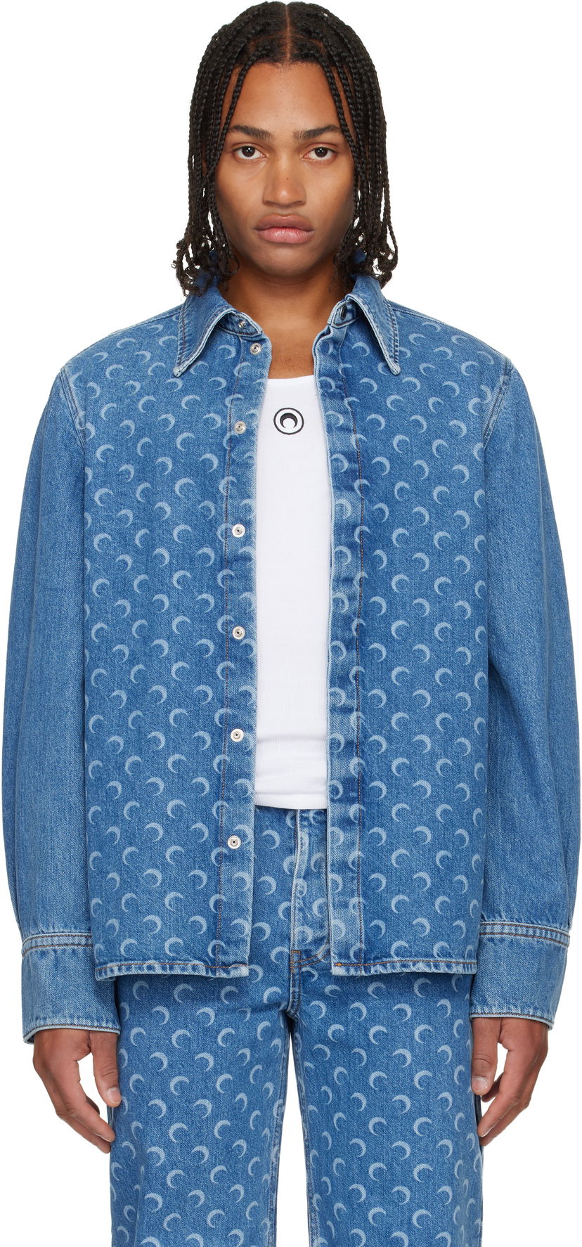 Skjorta Marine Serre Marine Serre Moon Laser Denim Shirt Blå | USI035ACDEN0002