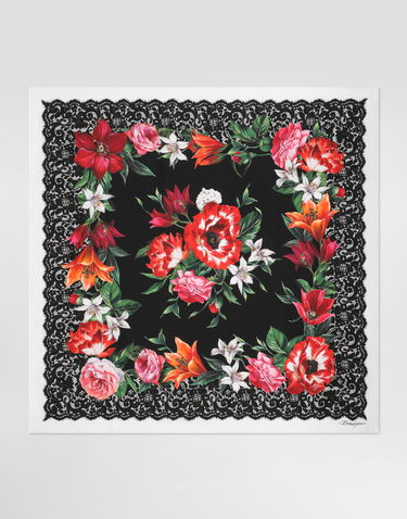 Halsduk Dolce & Gabbana Dolce & Gabbana 90x90 Silk Twill Floral Print Square Scarf with Lace Border Flerfärgad | FN090RGDC7AHN5QV, 0