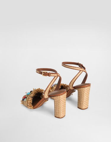 Tillbehör Dolce & Gabbana Dolce & Gabbana Frayed Raffia High-Heeled Sandals with Embellishments Beige | CR1890AM5548W059, 2
