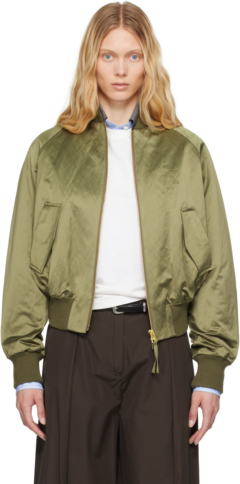 Bomberjacka AMI AMI Paris Cotton Satin Ami de Coeur Bomber Jacket Grön | FJK011.CO0100