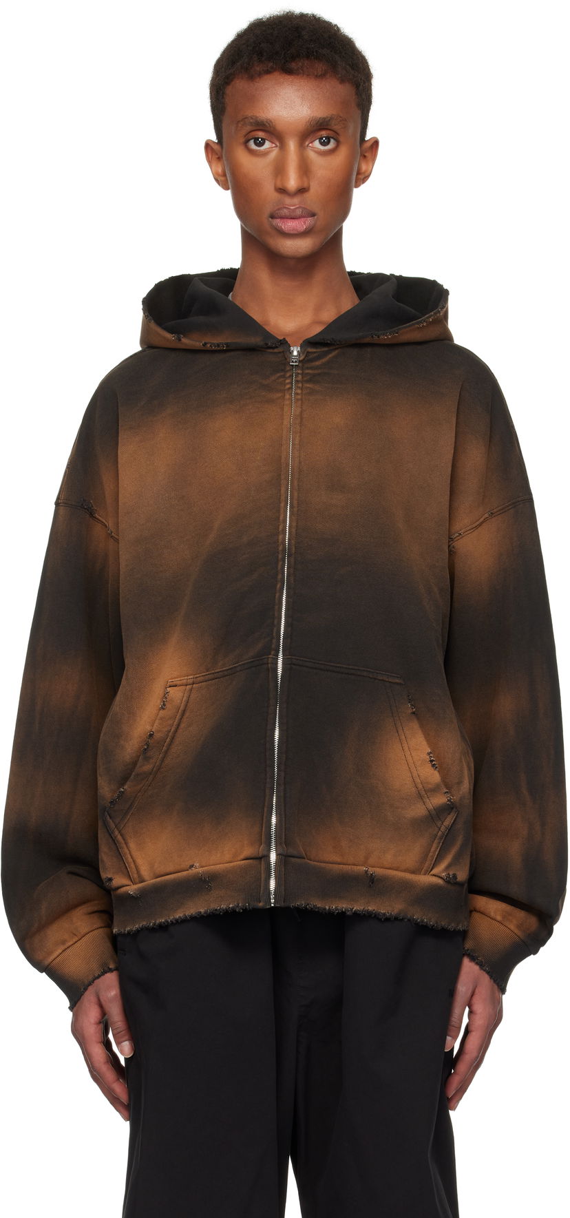 Sweatshirt We11done We11done Distressed Zip-Up Hoodie Brun | WD-TJ3-24-833-U-BK