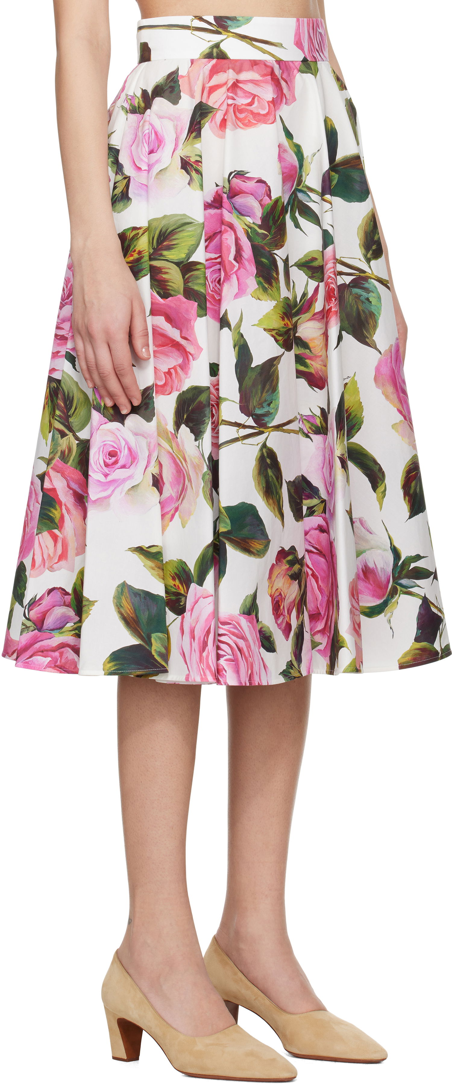Kjol Dolce & Gabbana Dolce&Gabbana Rose-Print Cotton Circle Midi Skirt Vit | F4C1XT HS5S4, 1
