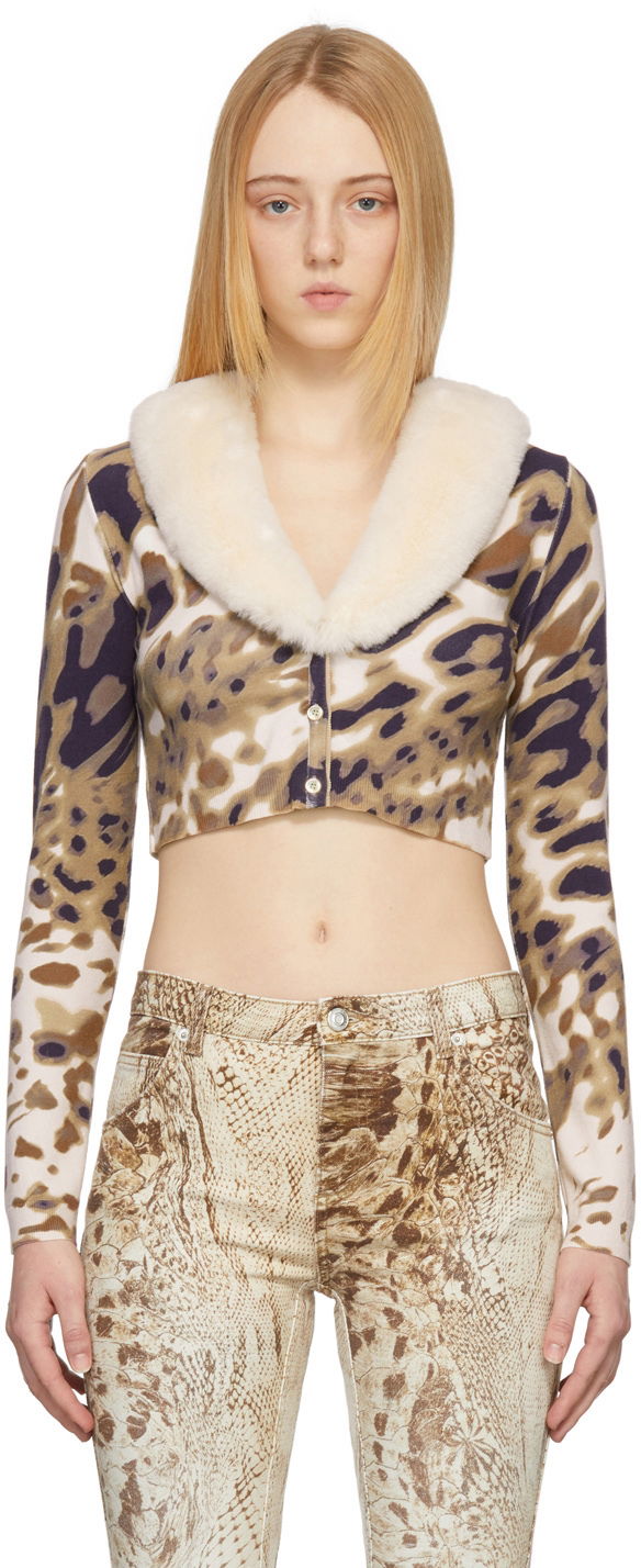 Sweater Blumarine Blumarine Print Cropped Cardigan with Faux Fur Collar Flerfärgad | 2M147A