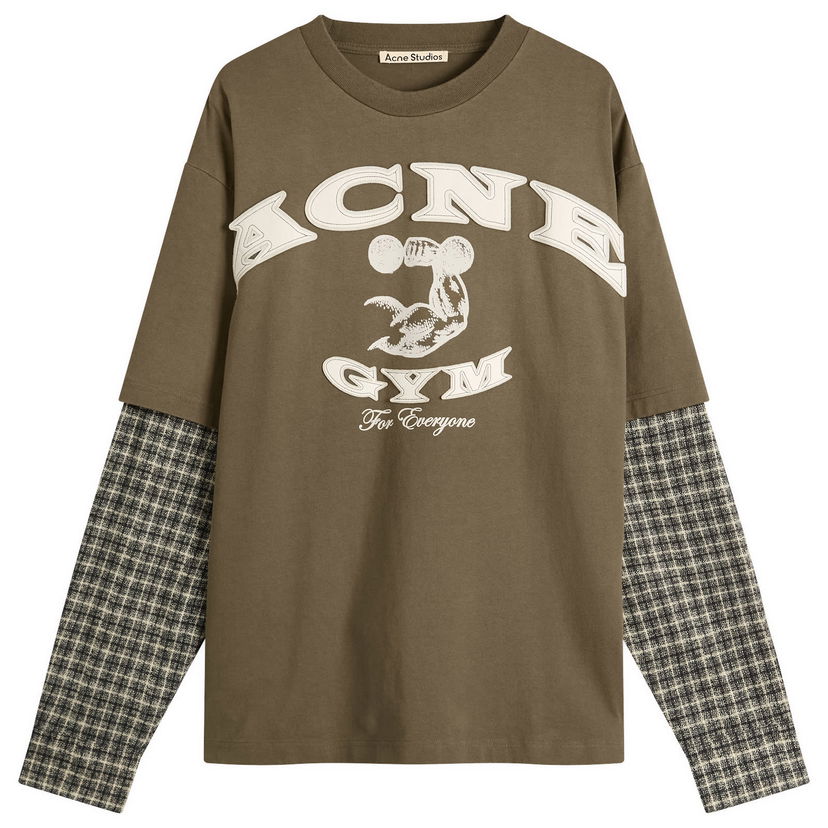 T-shirt Acne Studios Exford U Long Sleeve Gym Bro Check Layered T-Shirt, Size Small Grön | CL0394-DSQ