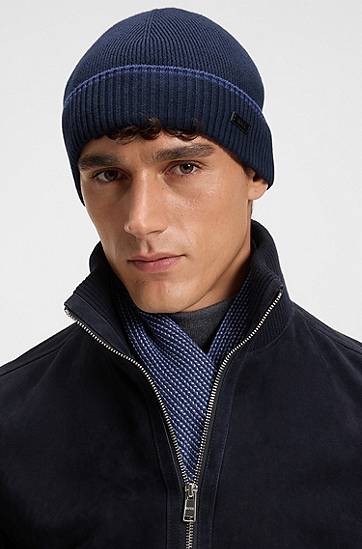 Kläder och accessoarer BOSS Knitted wool-cotton patterned scarf and ribbed beanie hat gift set Mörkblå | 50548858, 1