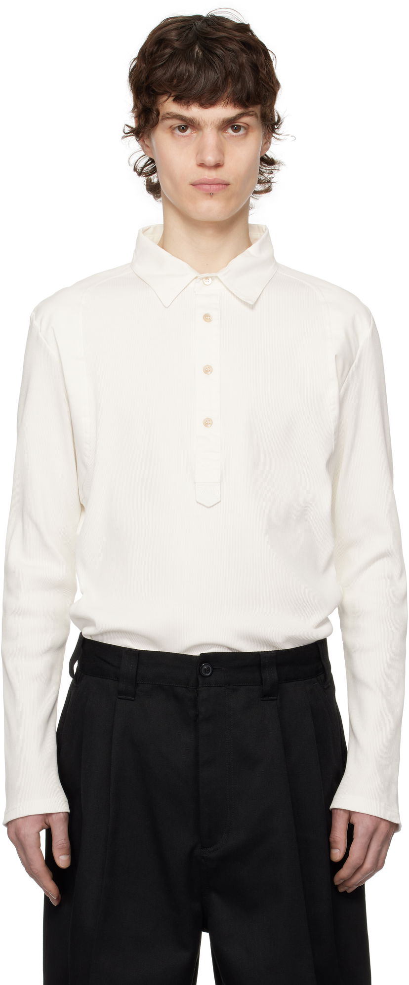 Polotröja Wales Bonner Wales Bonner Dub Long Sleeve Polo Vit | MS25JE03-JE02-000 RIB JERSEY