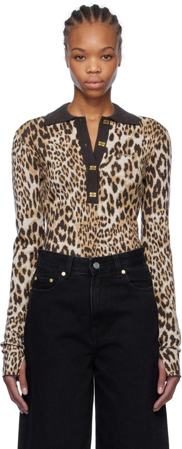 Polotröja GANNI GANNI Leopard Knit Polo Brun | K2341, 0