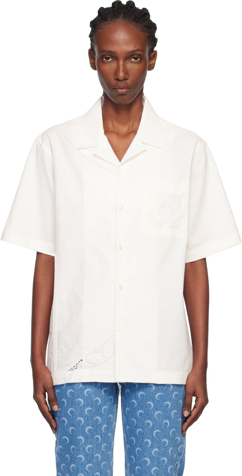 Skjorta Marine Serre Regenerated Household Linen Short Sleeve Bowling Shirt Vit | USI016AUWOV0045