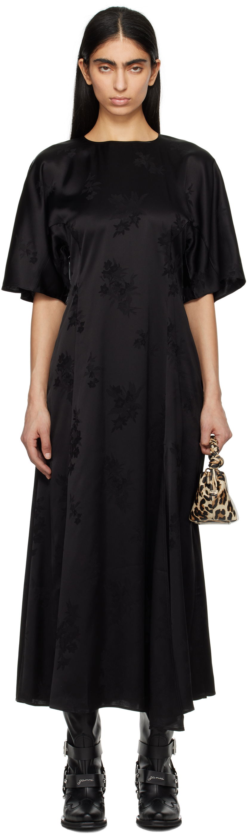 Klä GANNI GANNI Fluid Satin Jacquard Slit Maxi Dress Svart | W0255