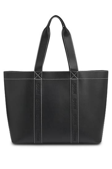 Tygpåse BOSS Faux-Leather Tote Bag with Embroidered Logos Svart | 50547481