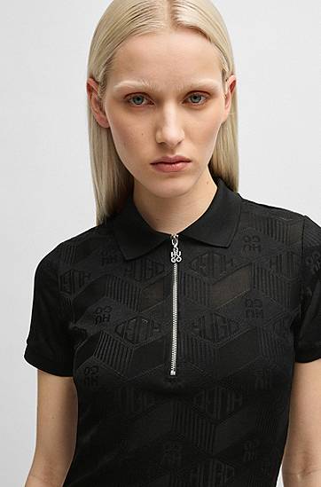 Klä BOSS Jacquard Knit Dress with Logo Zip Placket Svart | 50537774, 1
