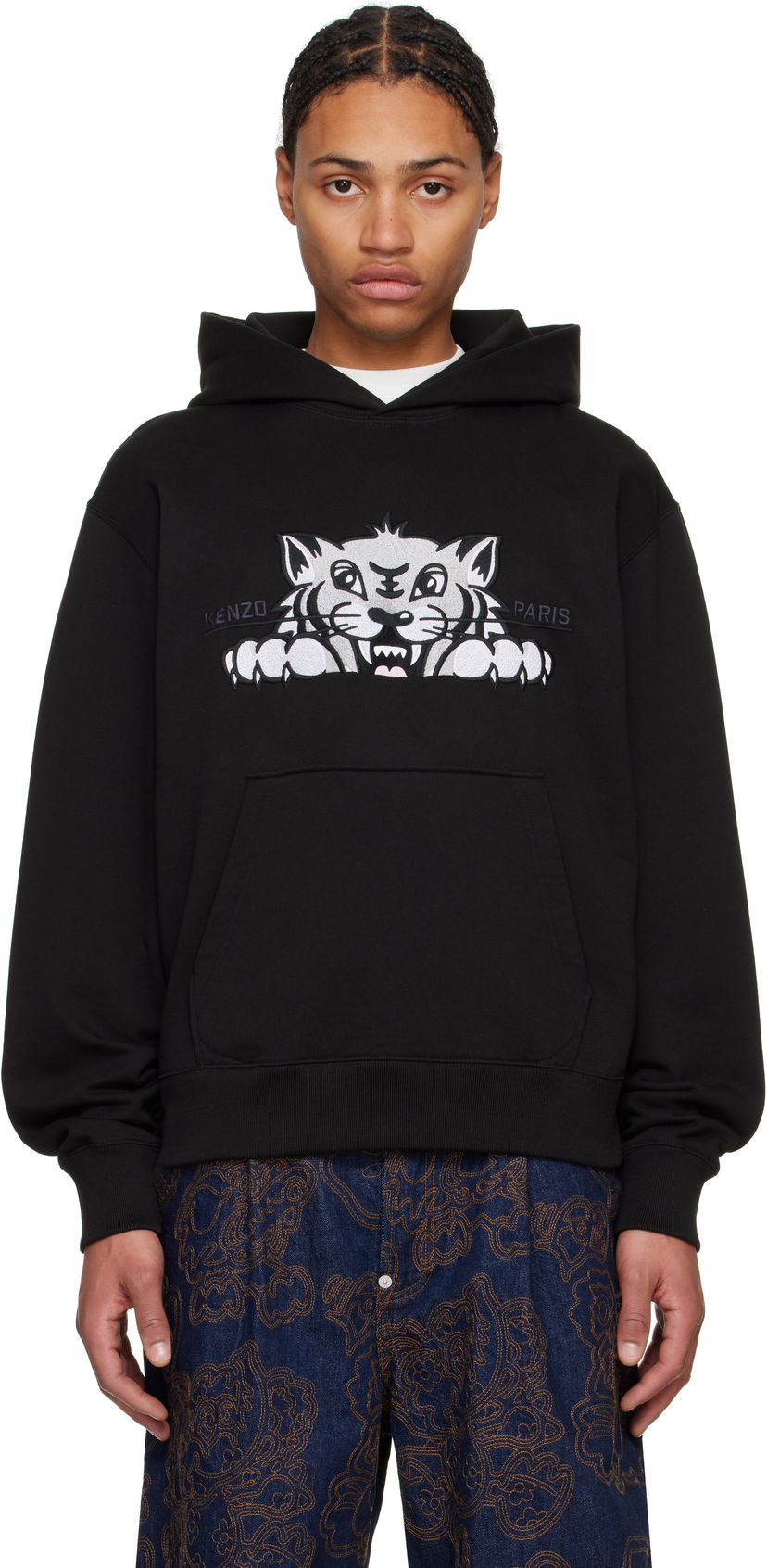 Sweatshirt KENZO Happy Tiger Embroidered Hoodie Svart | FF55SW2644MF