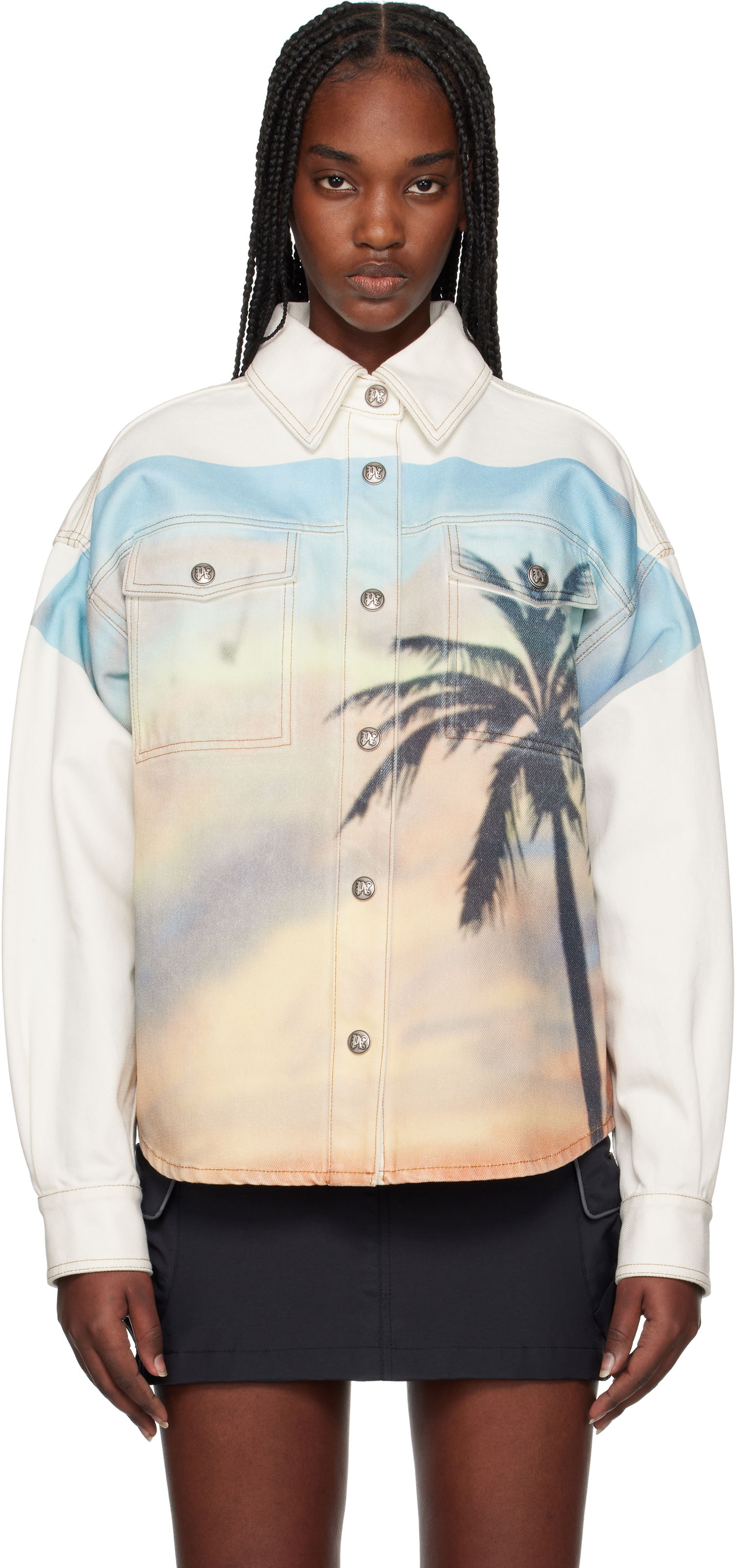 Skjorta Palm Angels Palm Angels Sunrise Palm Denim Overshirt Vit | PWYD023S25DEN0010384, 0