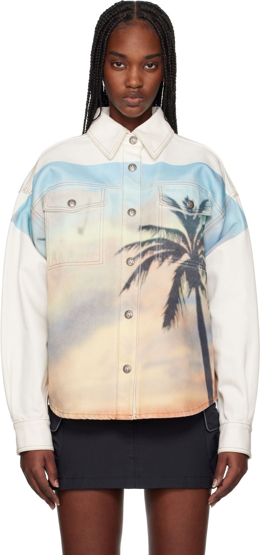 Skjorta Palm Angels Palm Angels Sunrise Palm Denim Overshirt Vit | PWYD023S25DEN0010384