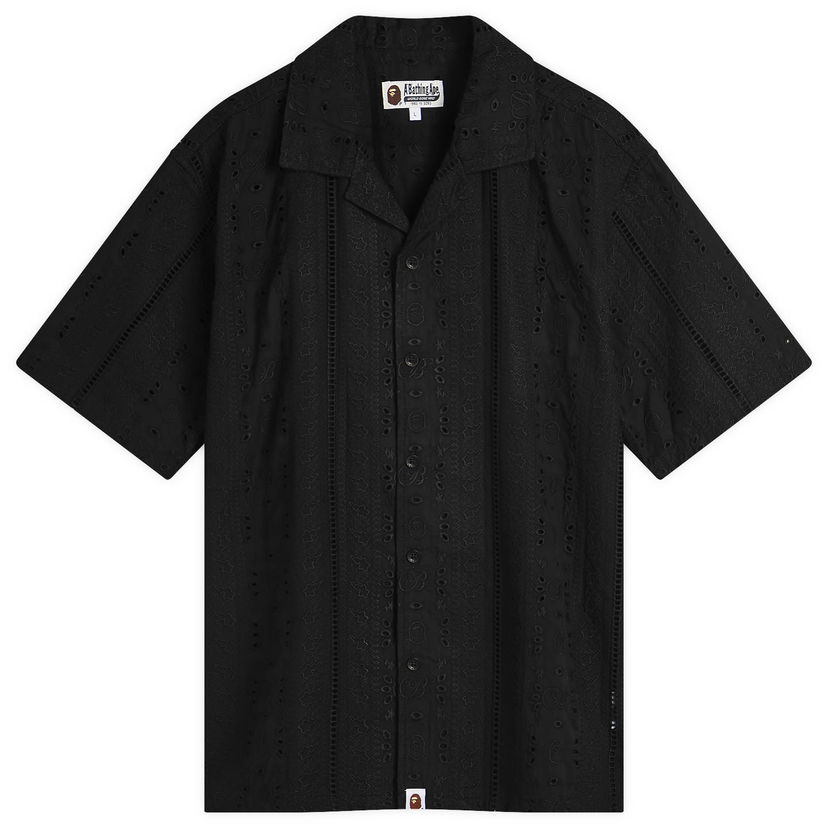 Skjorta BAPE A Bathing Ape Embroidery Open Collar Short Sleeve Shirt, Size Large Svart | 001SRL301305M-BLK