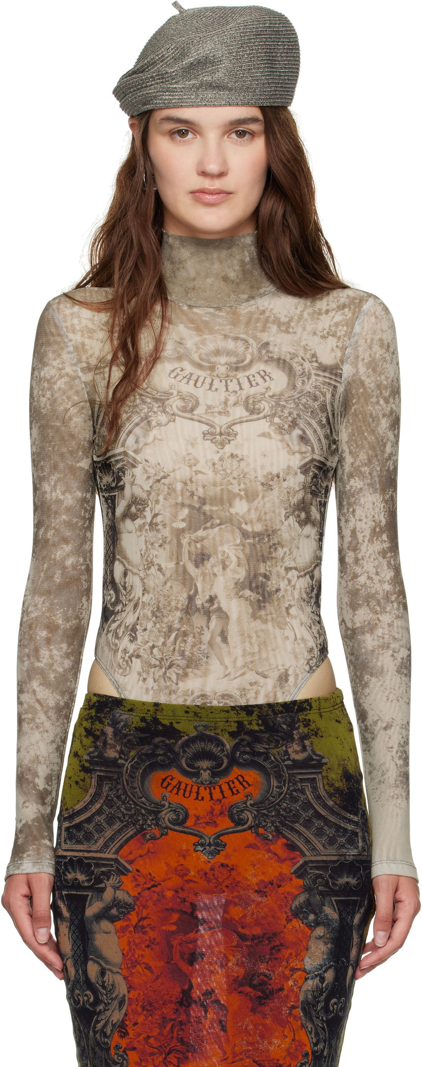 Kropp Jean Paul Gaultier Jean Paul Gaultier 'The Médaillon' Open Back Turtleneck Bodysuit Beige | 25/03-W-TO306-M006P-6965