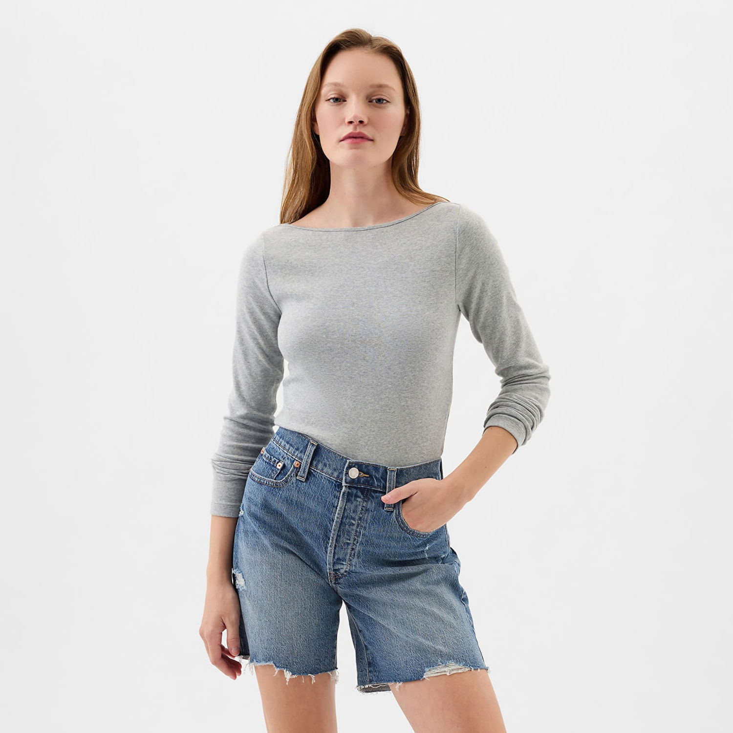 T-shirt GAP Top Longsleeve Bateau Neck Modal Top Grey Grå | 540606-01, 0
