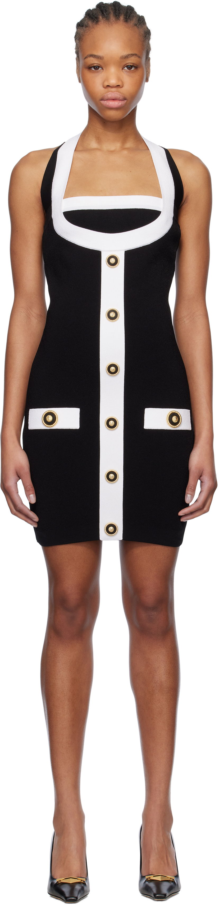 Klä Balmain Balmain Two-Tone Halterneck Knit Mini Dress Svart | EF1R2390KH99