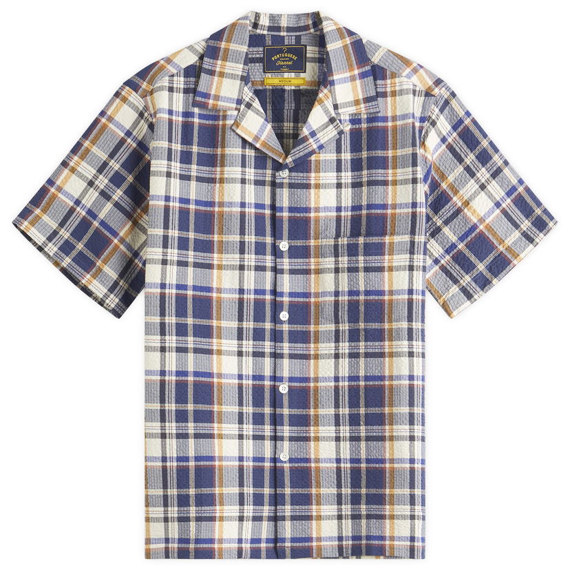 Skjorta Portuguese Flannel Men's Prainha Check Seersucker Vacation Shirt, Size Large Blå | SS25-075-BLW