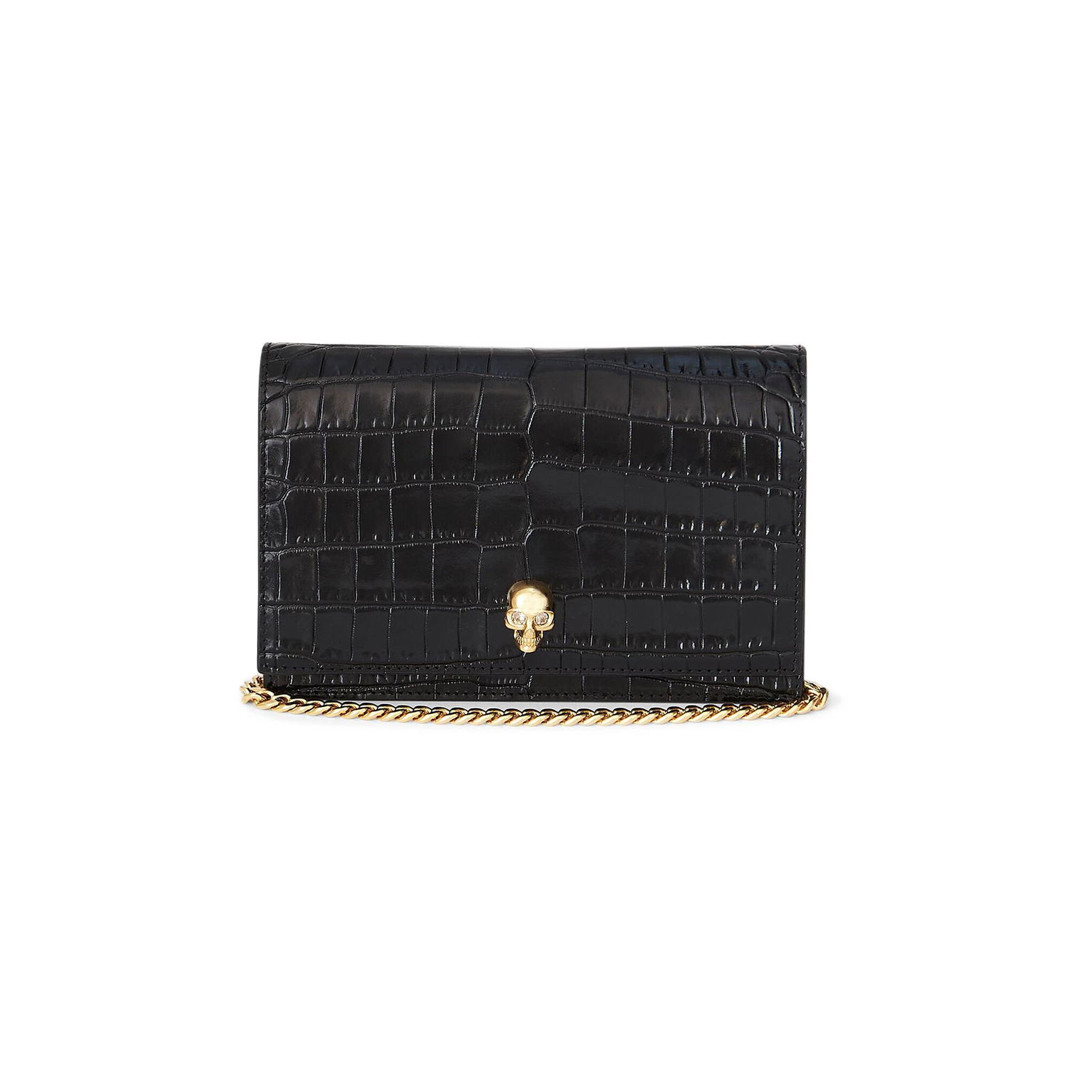 Plånbok Alexander McQueen Alexander McQueen Small Skull Croc-Embossed Leather Chain Wallet Svart | 6130881HB0G1001, 1