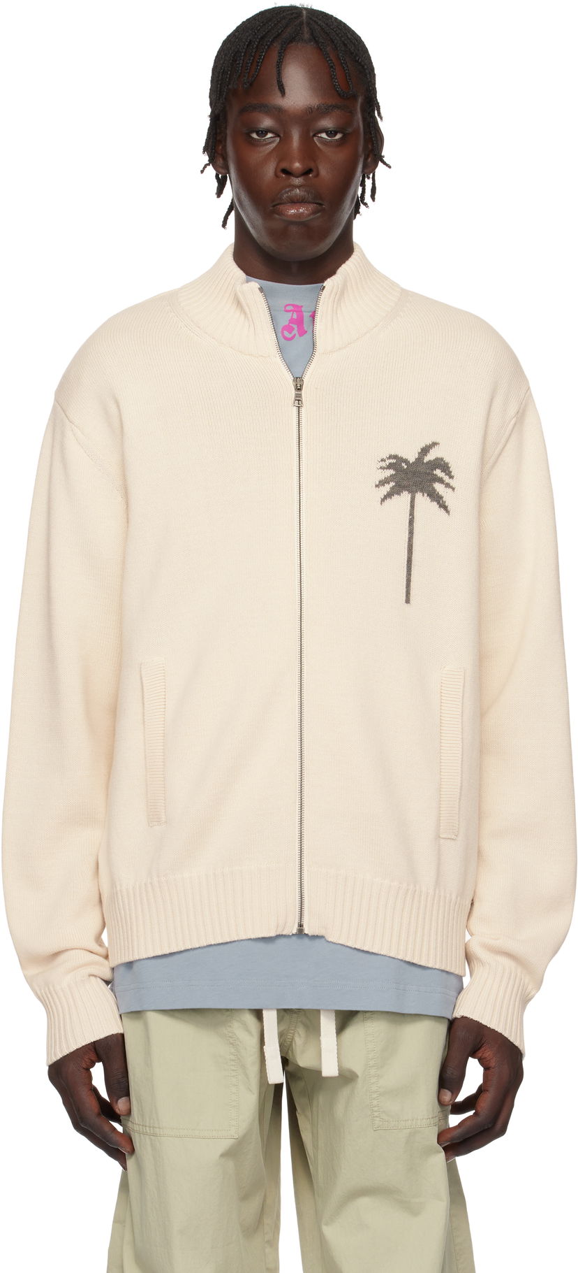 Jacka Palm Angels Knit Track Jacket With Palms Embroidery Beige | PMHA061S25KNI0010308