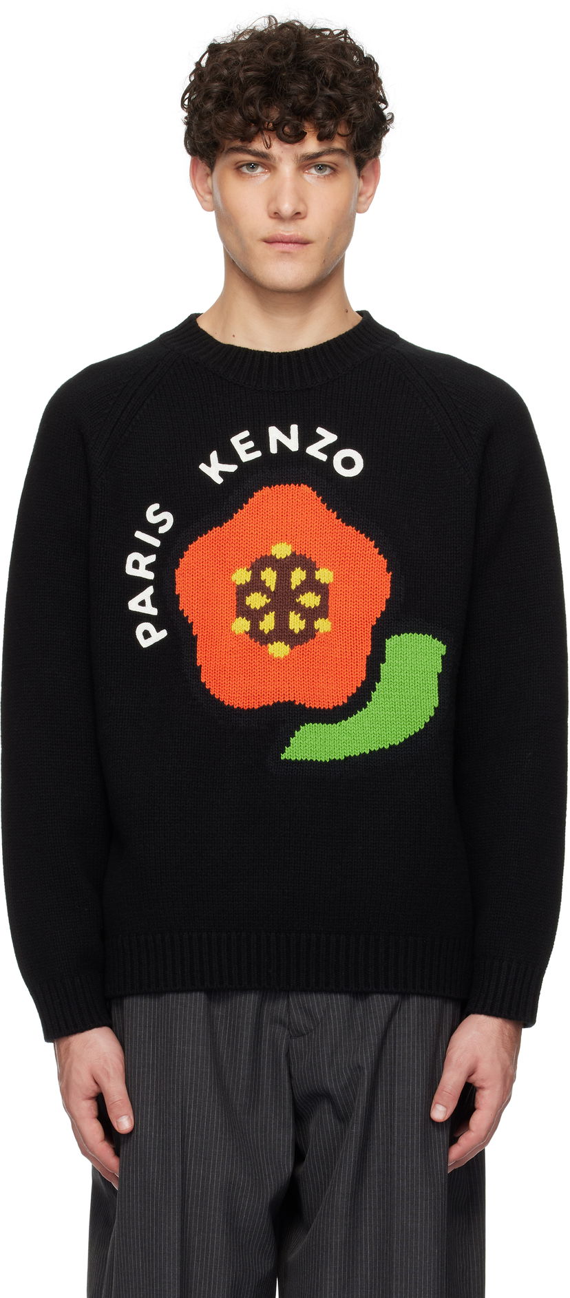 Sweater KENZO Wool Sweater with Flower Applique Svart | FF55PU7223LA