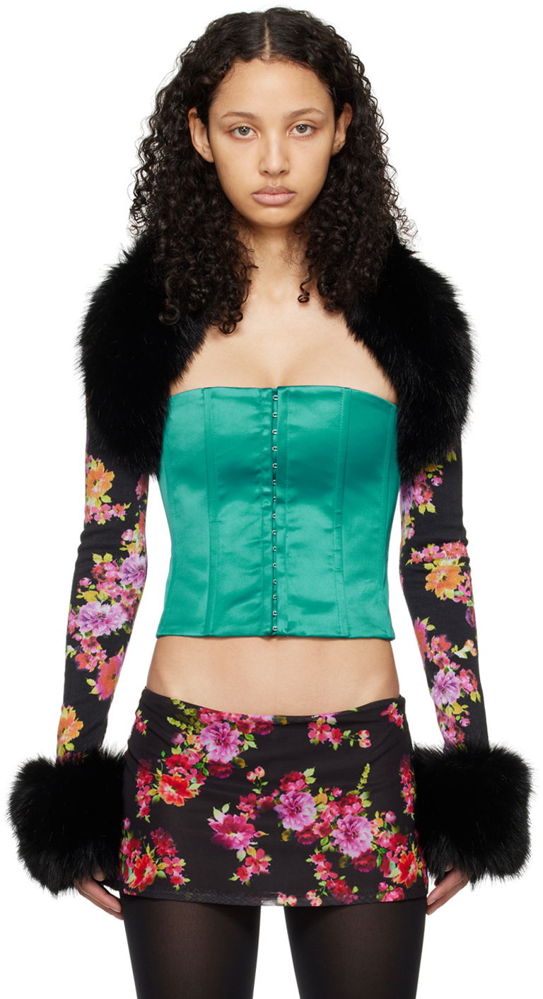 Linne GUIZIO GUIZIO Floral Print and Faux Fur Cardigan Grön | R24645