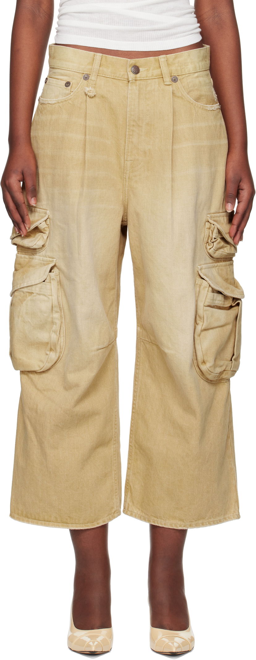 Cargo byxor R13 R13 Cropped Multi Pocket Cargo Pants Beige | R13WD246-D235A