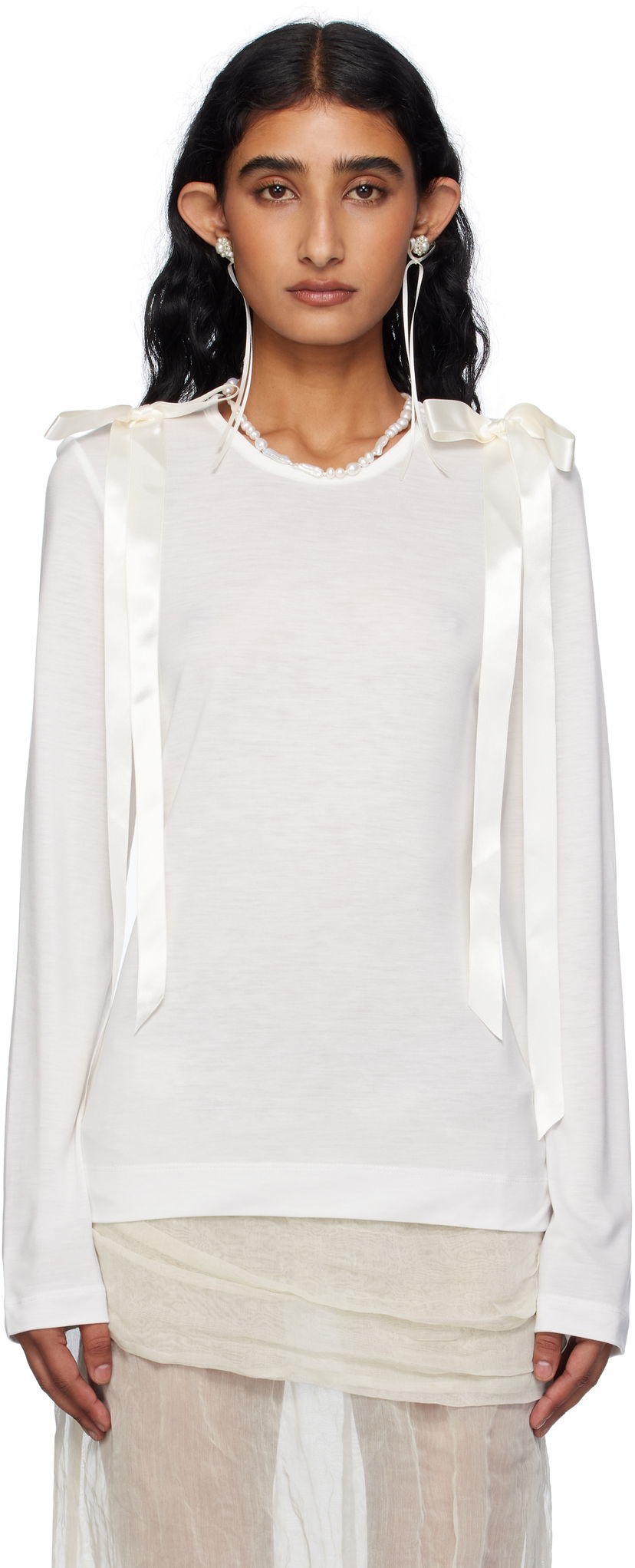 T-shirt Simone Rocha Simone Rocha Bow Ribbon Tail Long Sleeve T-shirt Vit | 5367 0571