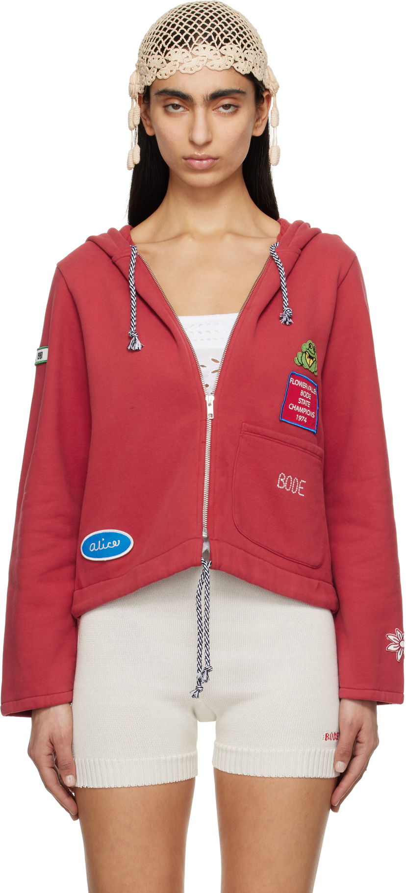 Sweatshirt Bode Bode Camper Cropped Zip Hoodie Röd | WRS25CS028