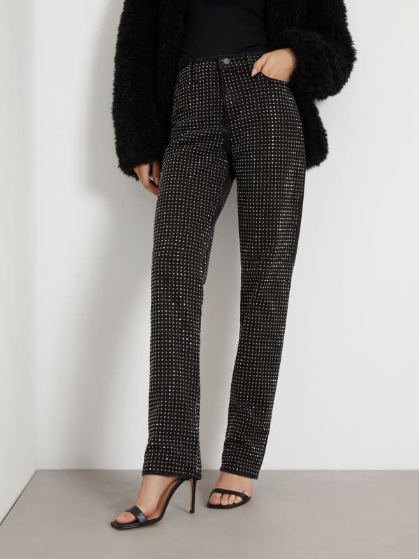 Byxor GUESS Rhinestones Straight Denim Pant Svart | W4RA08R4AS0, 0