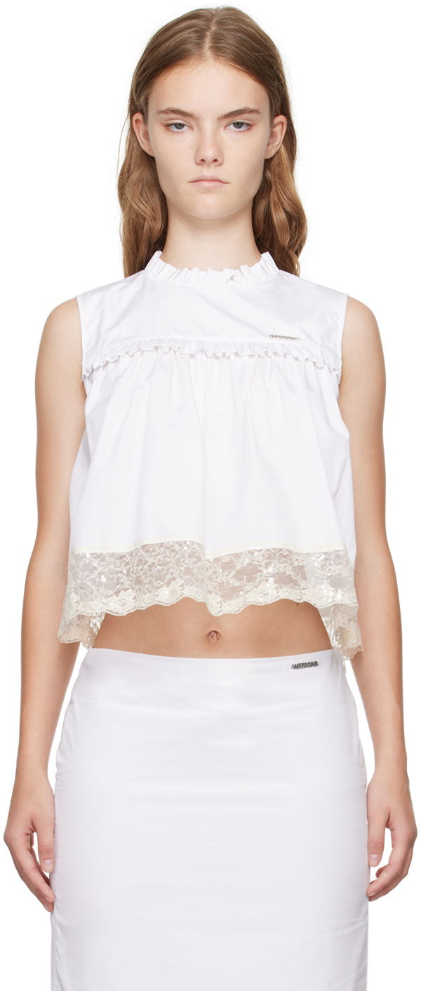 Linne We11done Lace Trim Blouse Vit | WD-BL2-24-140-W-WH