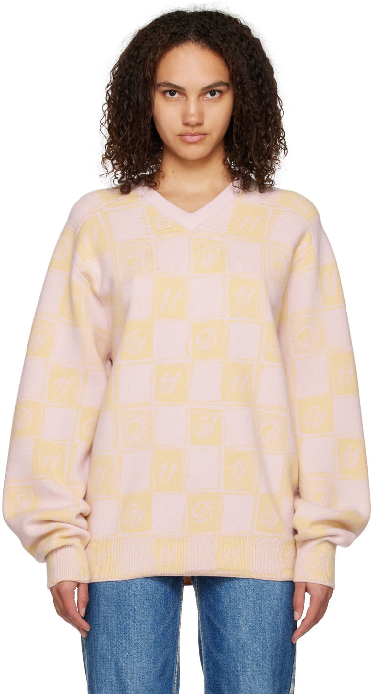 Sweater We11done We11done Checkerboard V-Neck Sweater Rosa | WD-KT3-22-639-U-YE
