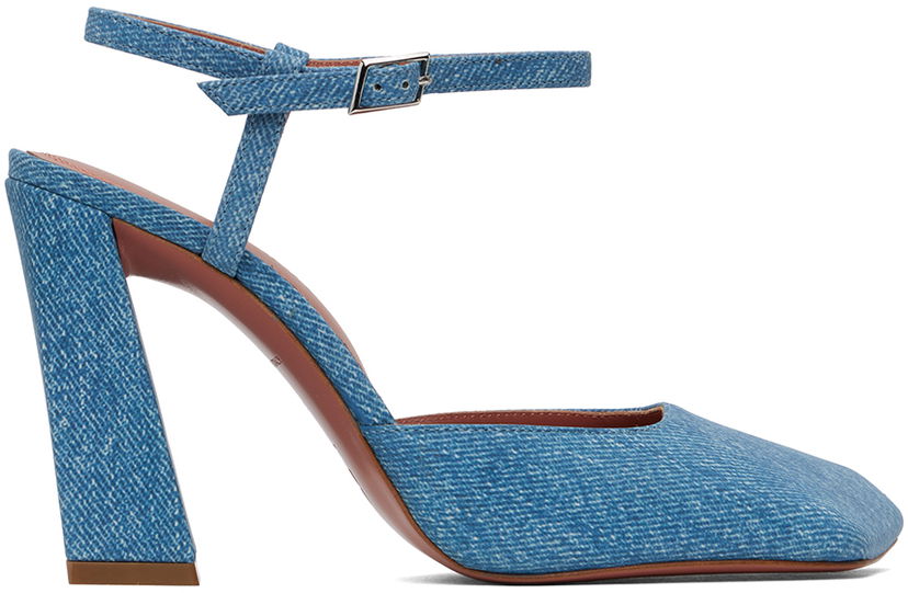 Sneakers och skor Amina Muaddi Suede Printed Denim Heels Blå | CHARLOTTE PUMP BLOCK PRINTED