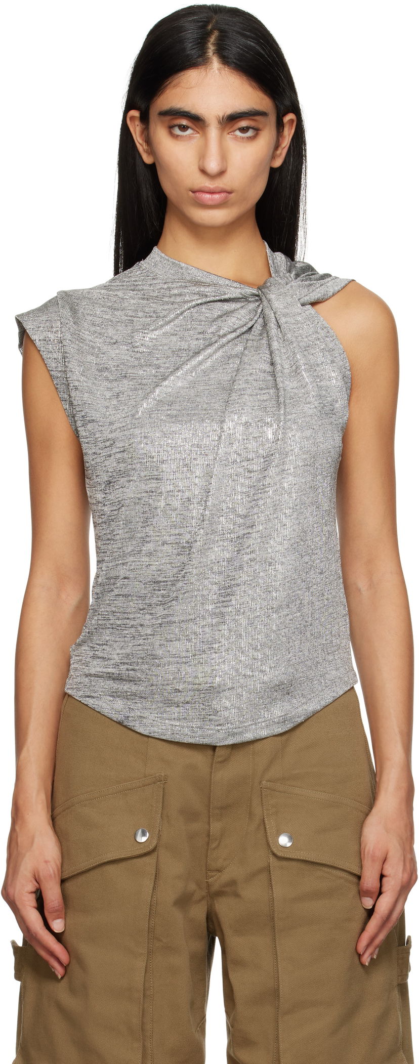 Linne Isabel Marant Étoile Isabel Marant Etoile Women's Metallic Knotted Top Grå | 24ATS0238FA-B3N09E