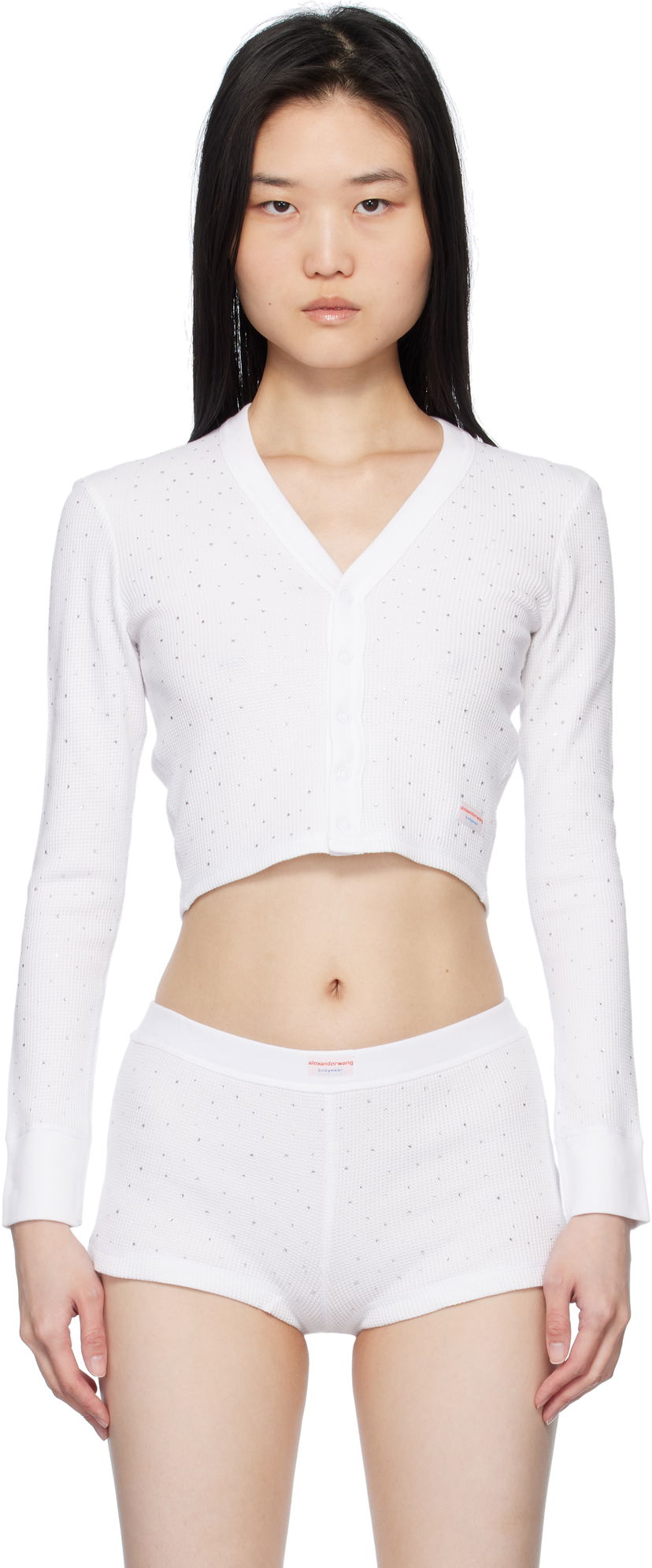 Sweater Alexander Wang White Crystal Hotfix Long-Sleeve Waffle Cardigan Vit | 8C4245810T
