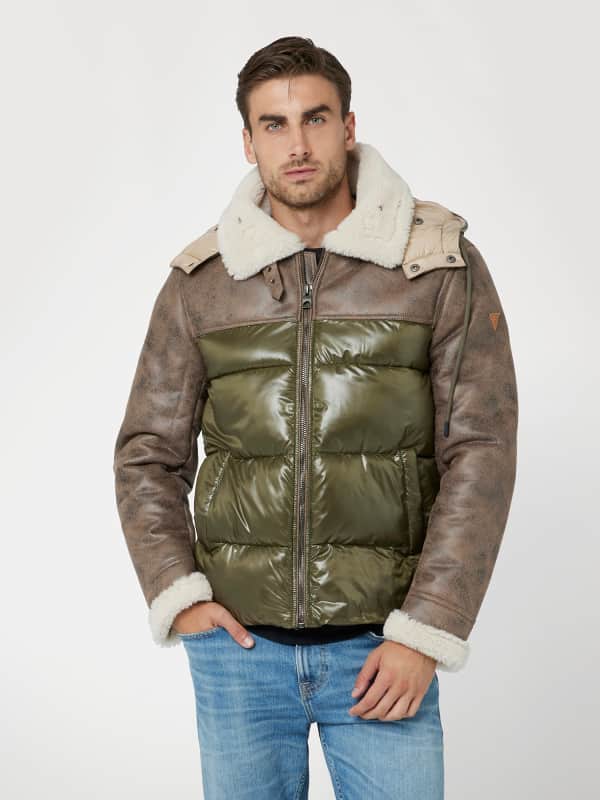 Pufferjacka GUESS Faux Leather and Nylon Puffer Jacket Grön | M4BL37WGJL0