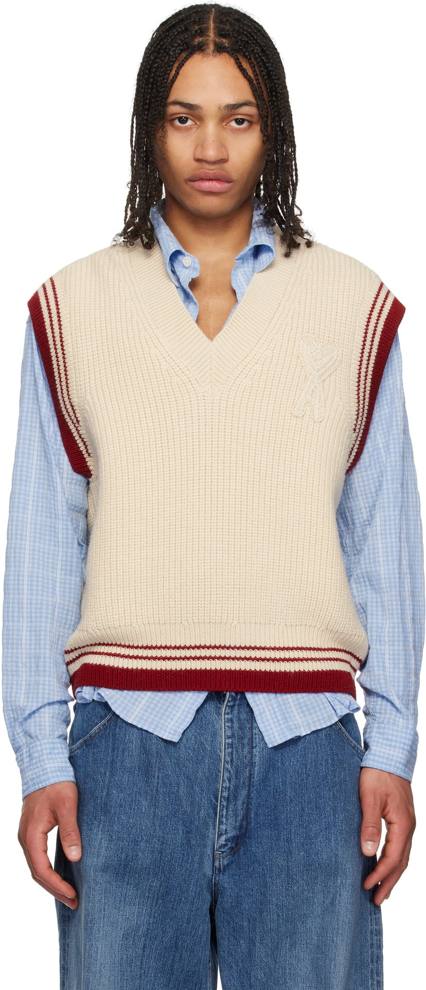 Sweater AMI AMI Paris Wool Ribbed V-Neck Vest Beige | UKS768.KN0068