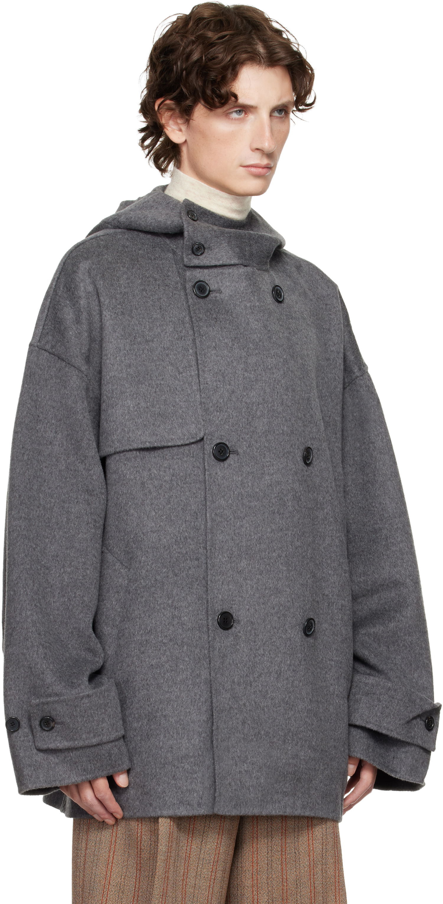 Rockar JW Anderson JW Anderson Oversized Hooded Double-Breasted Felted Peacoat Grå | CO0342-PG1559, 1