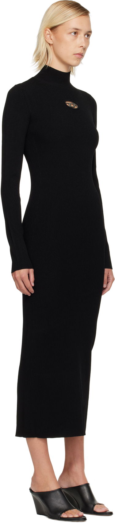 Klä Diesel Ribbed knit long-sleeve mock neck maxi dress with metallic cut-out Svart | A14186 0DLAX, 1