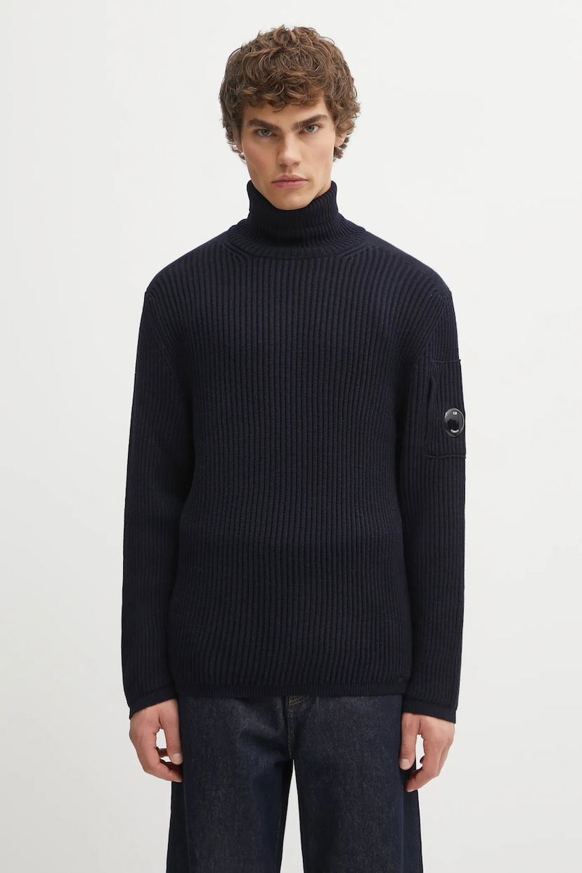 Sweater C.P. Company Ribbed Wool Blend Turtleneck Sweater with Sleeve Pocket Mörkblå | 19CMKN220A006595A