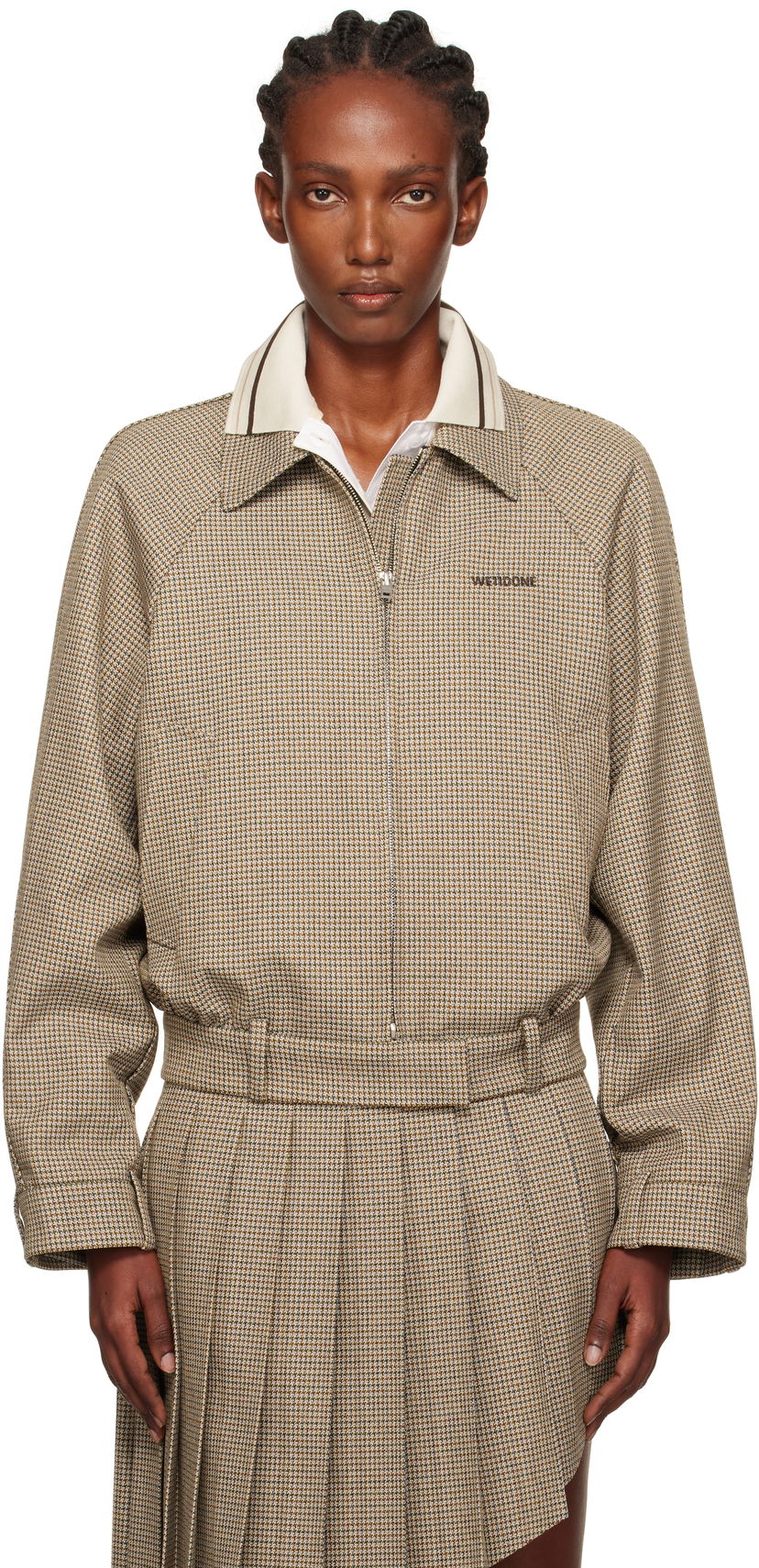 Jacka We11done Polo Collar Micro Checked Zip Jacket Beige | WD-JK2-25-012-W-BG