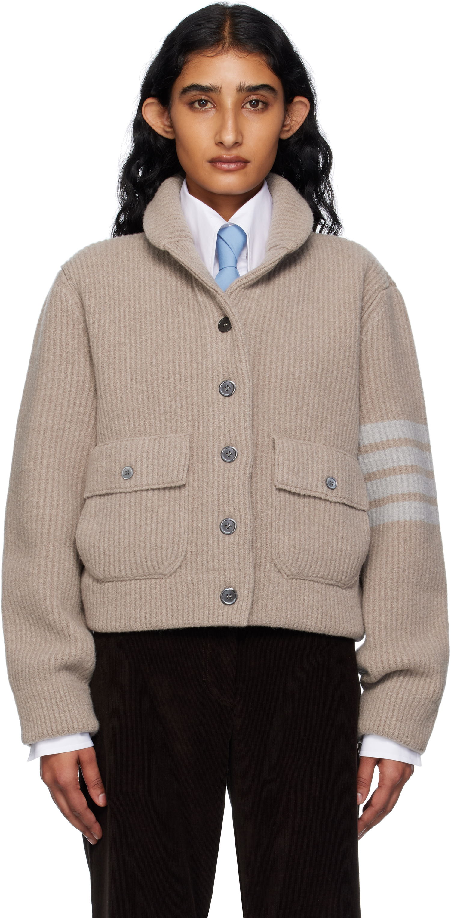 Sweater Thom Browne Thom Browne Merino Wool 4-Bar Bomber Cardigan Beige | FKJ116A-Y1059, 0