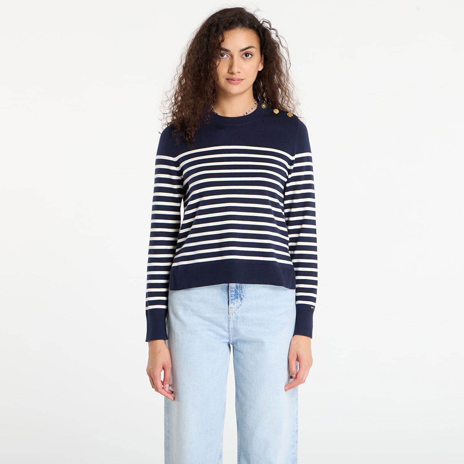 Sweater Tommy Hilfiger Tommy Hilfiger Striped Crewneck Sweater with Gold Buttons Mörkblå | WW0WW47305-0FI, 0