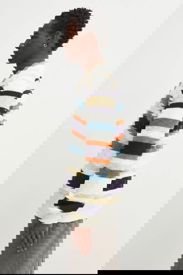 Sweater MAISON KITSUNÉ Maison Kitsuné Comfort Striped Knit Cardigan Vit | OM00506KT1129, 4